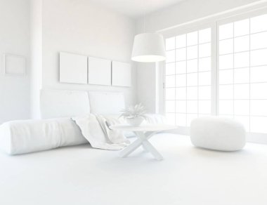 İskandinav oda iç ahşap zemin üzerinde fikir. Ev nordic iç. 3D çizim 