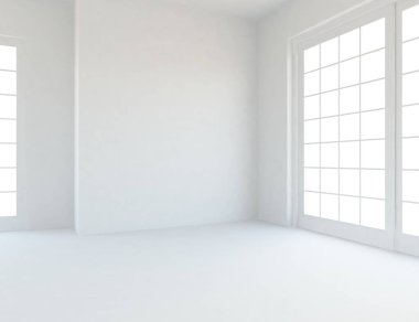 Beyaz Oda iç windows ile. İskandinav iç tasarım. 3D çizim