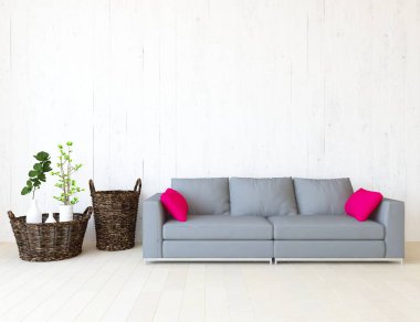 Bir İskandinav oturma odası iç kanepe, bitkiler ve ahşap zemin ile fikir. Ev nordic iç. 3D çizim 