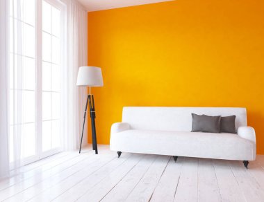 Bir İskandinav oturma odası iç kanepe ile fikir. Ev nordic iç. 3D çizim 