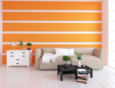 Bir İskandinav oturma odası iç kanepe, bitkiler ve ahşap zemin ile fikir. Ev nordic iç. 3D çizim 