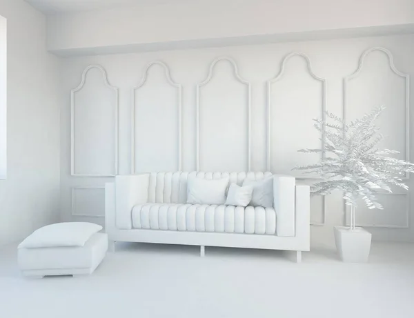 Białe Wnętrze Meble Skandynawskim Wystrojem Wnętrz Ilustracja — Zdjęcie stockowe