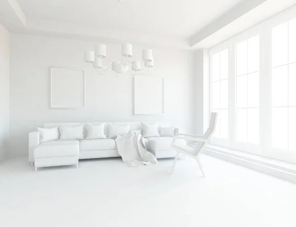 white room interior with furniture. Scandinavian interior design. 3d illustration