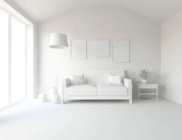 white room interior with furniture. Scandinavian interior design. 3d illustration