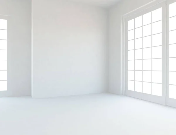 白色的房间内部与窗户 斯堪的纳维亚室内设计 — 图库照片