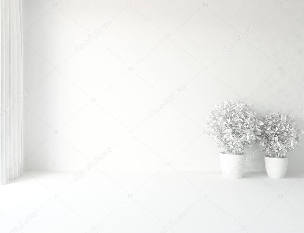 Idea of a white empty scandinavian room interior with vases on wooden floor . Home nordic interior. 3D illustration 