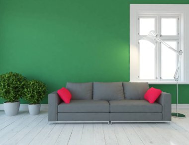 Bir İskandinav oturma odası iç kanepe, bitkiler ve ahşap zemin ile fikir. Ev nordic iç. 3D çizim 