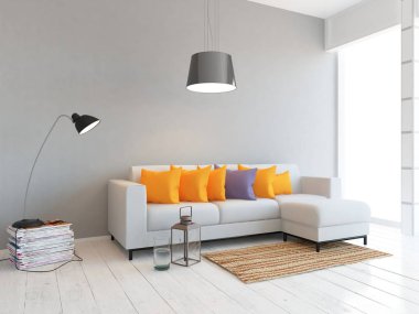 Bir İskandinav oturma odası iç kanepe ile fikir. Ev nordic iç. 3D çizim 