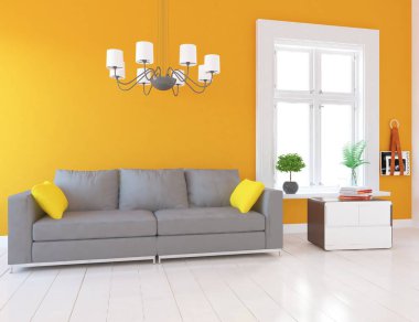 Bir İskandinav oturma odası iç kanepe, bitkiler ve ahşap zemin ile fikir. Ev nordic iç. 3D çizim 