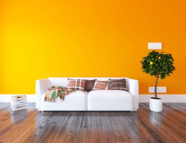 İskandinav oturma odası iç kanepe ve ahşap zemin ile fikir. Ev nordic iç. 3D çizim 