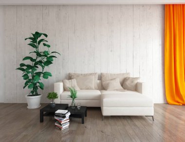 Bir İskandinav oturma odası iç kanepe, bitkiler ve ahşap zemin ile fikir. Ev nordic iç. 3D çizim 