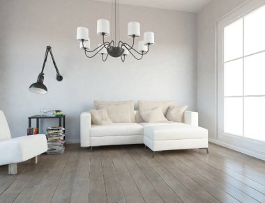 Bir İskandinav oturma odası iç kanepe ile fikir. Ev nordic iç. 3D çizim 