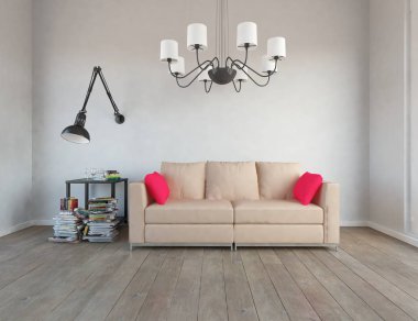 Bir İskandinav oturma odası iç kanepe ile fikir. Ev nordic iç. 3D çizim 