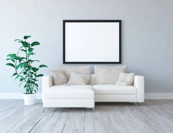 Idea Salón Escandinavo Blanco Interior Con Sofá Planta Suelo Madera — Foto de Stock