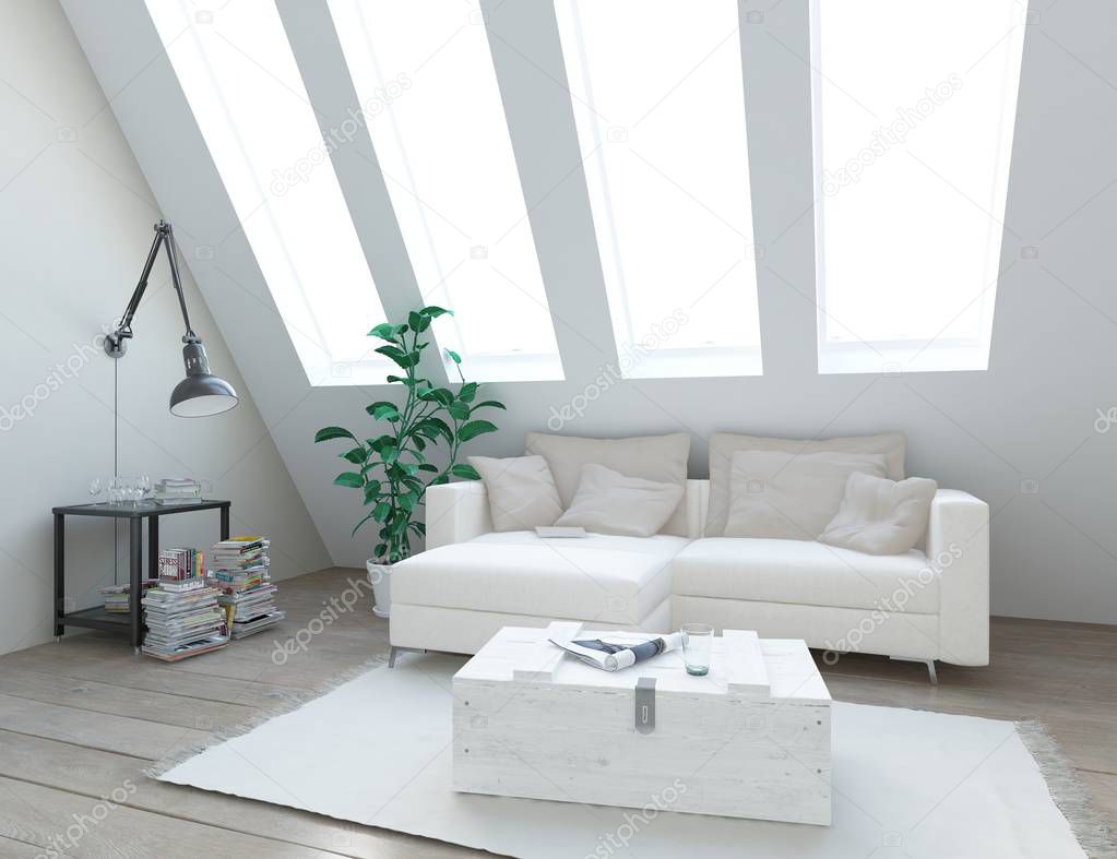 Idea of  white scandinavian living room interior with sofa ,plant and wooden floor  . Home nordic interior. 3D illustration 