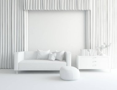 Beyaz Oda iç mobilya ile. İskandinav iç tasarım. 3D çizim