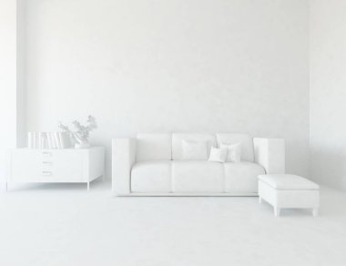 Beyaz Oda iç mobilya ile. İskandinav iç tasarım. 3D çizim