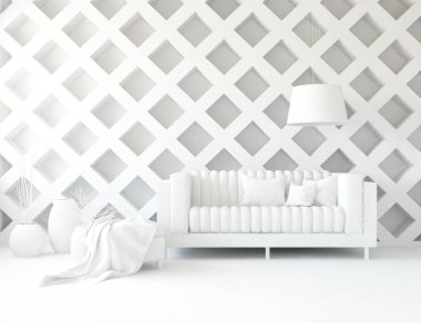 Beyaz Oda iç mobilya ile. İskandinav iç tasarım. 3D çizim