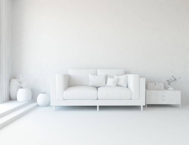Beyaz Oda iç mobilya ile. İskandinav iç tasarım. 3D çizim