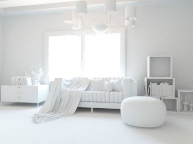 Beyaz Oda iç mobilya ile. İskandinav iç tasarım. 3D çizim