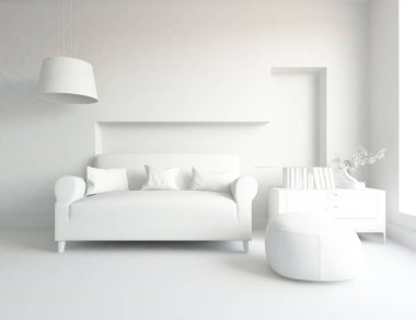 Beyaz Oda iç mobilya ile. İskandinav iç tasarım. 3D çizim