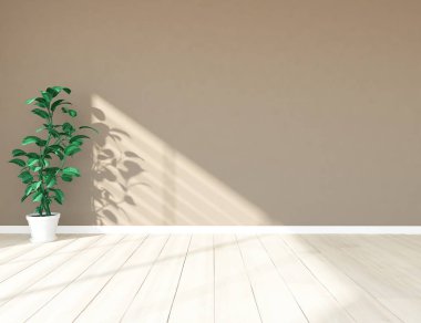 Boş İskandinav odası iç ahşap zemin üzerinde bitki ile fikir. Ev nordic iç. 3D çizim - illüstrasyon