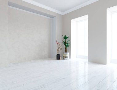 Boş İskandinav odası iç ahşap zemin üzerinde bitkiler ile fikir. Ev nordic iç. 3D çizim 