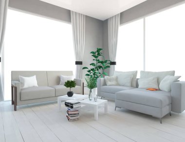 İskandinav oturma odası iç kanepe, bitkiler ve ahşap zemin ile fikir. Ev nordic iç. 3D çizim 