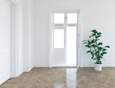 Beyaz boş İskandinav odası iç ahşap zemin üzerinde bitki ile fikir. Ev nordic iç. 3D çizim - illüstrasyon