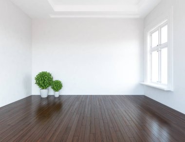 Boş İskandinav odası iç ahşap zemin üzerinde bitkiler ile fikir. Ev nordic iç. 3D çizim 