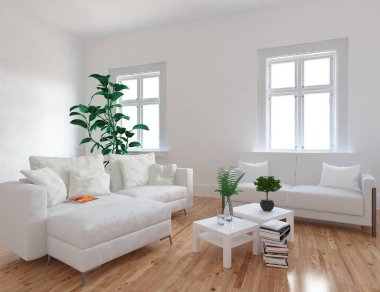 Bir beyaz İskandinav oturma odası iç kanepe, bitkiler ve ahşap zemin ile fikir. Ev nordic iç. 3D çizim 