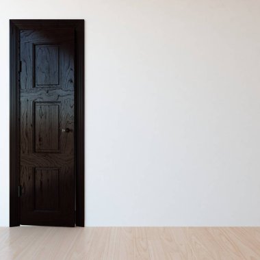 Boş İskandinav odası iç ahşap zemin ve büyük duvar ve penceresinde beyaz yatay kapı ile fikir. Ev nordic iç. 3D çizim