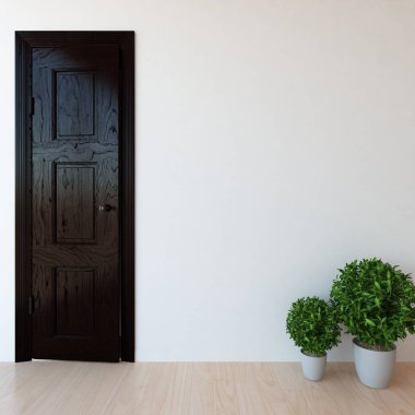 Bitkiler ve kapı ile beyaz boş İskandinav odası iç fikir. Ev nordic iç. 3D çizim - illüstrasyon