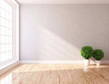 Beyaz boş İskandinav odası iç ahşap zemin üzerinde bitkiler ile fikir. Ev nordic iç. 3D çizim - illüstrasyon