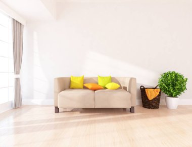 İskandinav oturma odası iç kanepe, bitki ve ahşap zemin ile fikir. Ev nordic iç. 3D çizim 