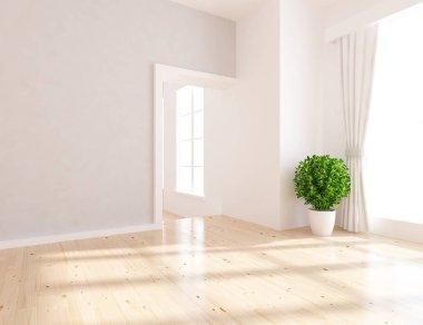 Beyaz boş İskandinav odası iç ahşap zemin üzerinde bitki ile fikir. Ev nordic iç. 3D çizim - illüstrasyon