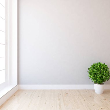 Beyaz boş İskandinav odası iç ahşap zemin üzerinde bitki ile fikir. Ev nordic iç. 3D çizim - illüstrasyon