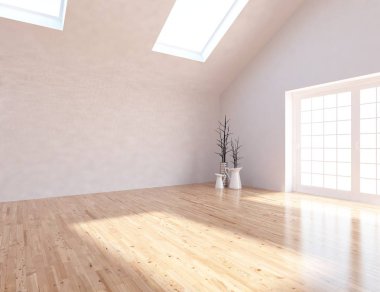 Beyaz boş İskandinav odası iç ahşap zemin üzerinde vazo ile fikir. Ev nordic iç. 3D çizim 