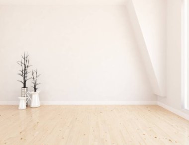 Beyaz boş İskandinav odası iç ahşap zemin üzerinde vazo ile fikir. Ev nordic iç. 3D çizim - illüstrasyon