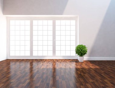 Beyaz boş İskandinav odası iç ahşap zemin üzerinde bitki ile fikir. Ev nordic iç. 3D çizim - illüstrasyon