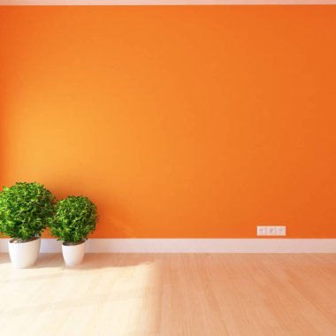 Boş İskandinav odası iç ahşap zemin üzerinde bitkiler ile fikir. Ev nordic iç. 3D çizim - illüstrasyon