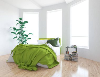 İskandinav oturma odası iç yatak ve ahşap zemin düşüncesi. Ev nordic iç. 3D çizim 