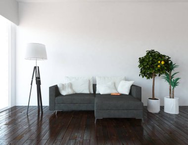 Bir beyaz İskandinav oturma odası iç kanepe, bitkiler ve ahşap zemin ile fikir. Ev nordic iç. 3D çizim 