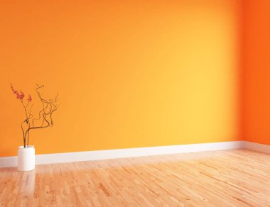 Boş İskandinav odası iç ahşap zemin üzerinde vazo ile fikir. Ev nordic iç. 3D çizim 