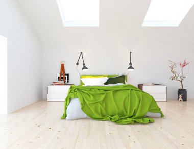 İskandinav oturma odası iç yatak ve ahşap zemin düşüncesi. Ev nordic iç. 3D çizim 