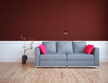 İskandinav oturma odası iç kanepe, bitki ve ahşap zemin ile fikir. Ev nordic iç. 3D çizim 