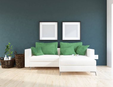 İskandinav oturma odası iç kanepe, bitki ve ahşap zemin ile fikir. Ev nordic iç. 3D çizim 