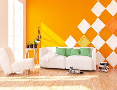 Bir İskandinav oturma odası iç kanepe, bitkiler ve ahşap zemin ile fikir. Ev nordic iç. 3D çizim 