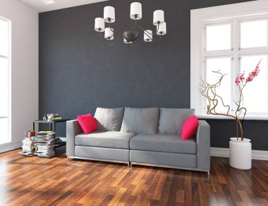 İskandinav oturma odası iç kanepe, bitki ve ahşap zemin ile fikir. Ev nordic iç. 3D çizim 