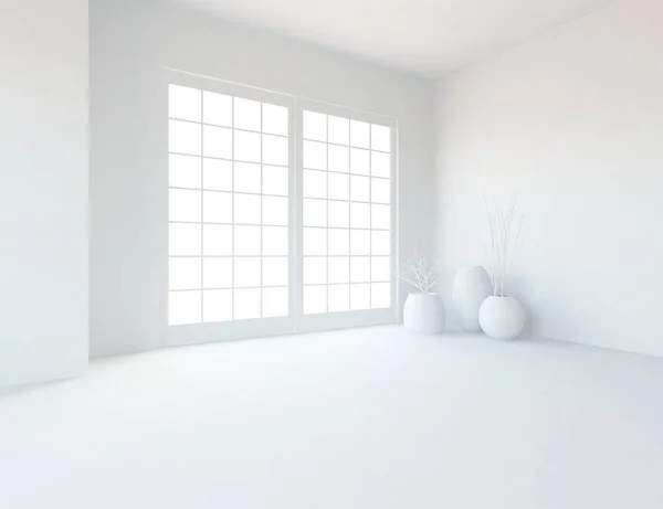 white room interior with windows . Scandinavian interior design. 3d illustration